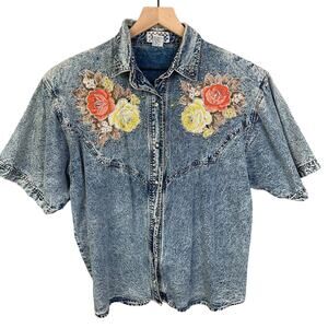 Pretty Blue Vintage Acid Wash Denim Button Down Shirt Top Embellished Studded